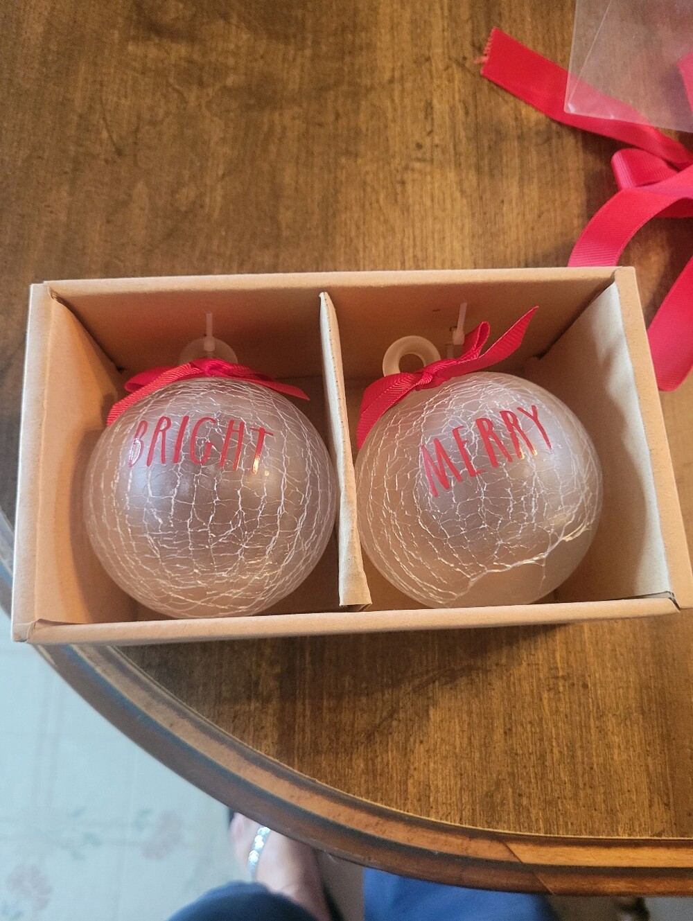 RAE DUNN Clear Crackle Glass Holiday Ornaments with RED Ribbon - Set of 2    3"